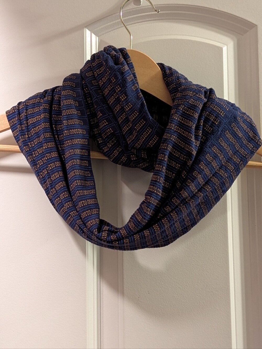 Navy Blue Infinity Scarf with Copper Binary Print